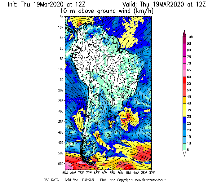Mappa di analisi GFS - Velocità del vento a 10 metri dal suolo [km/h] in Sud-America
							del 19/03/2020 12 <!--googleoff: index-->UTC<!--googleon: index-->