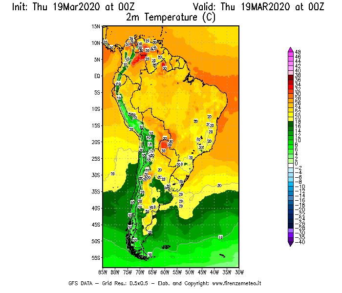 Mappa di analisi GFS - Temperatura a 2 metri dal suolo [°C] in Sud-America
							del 19/03/2020 00 <!--googleoff: index-->UTC<!--googleon: index-->