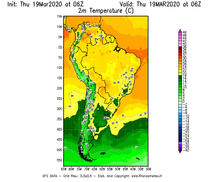 Mappa di analisi GFS - Temperatura a 2 metri dal suolo [°C] in Sud-America
							del 19/03/2020 06 <!--googleoff: index-->UTC<!--googleon: index-->