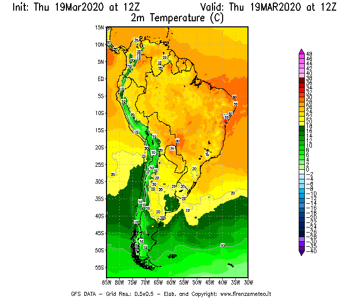 Mappa di analisi GFS - Temperatura a 2 metri dal suolo [°C] in Sud-America
							del 19/03/2020 12 <!--googleoff: index-->UTC<!--googleon: index-->