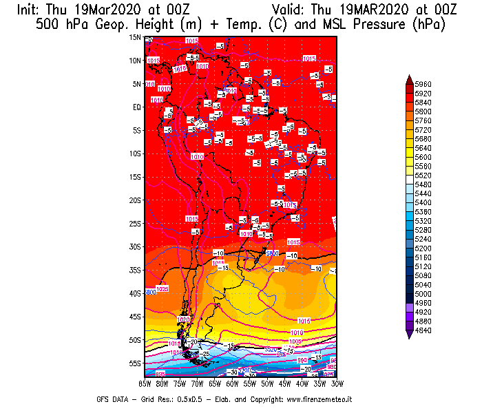 Mappa di analisi GFS - Geopotenziale [m] + Temp. [°C] a 500 hPa + Press. a livello del mare [hPa] in Sud-America
							del 19/03/2020 00 <!--googleoff: index-->UTC<!--googleon: index-->