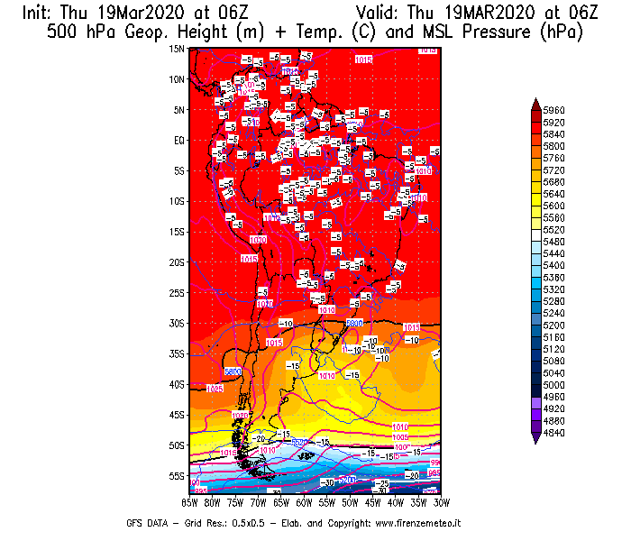 Mappa di analisi GFS - Geopotenziale [m] + Temp. [°C] a 500 hPa + Press. a livello del mare [hPa] in Sud-America
							del 19/03/2020 06 <!--googleoff: index-->UTC<!--googleon: index-->