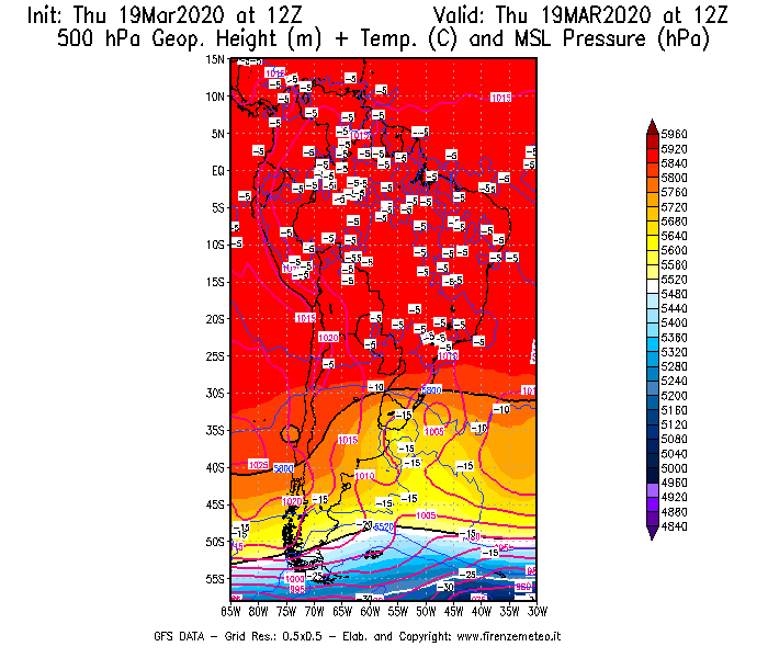Mappa di analisi GFS - Geopotenziale [m] + Temp. [°C] a 500 hPa + Press. a livello del mare [hPa] in Sud-America
							del 19/03/2020 12 <!--googleoff: index-->UTC<!--googleon: index-->