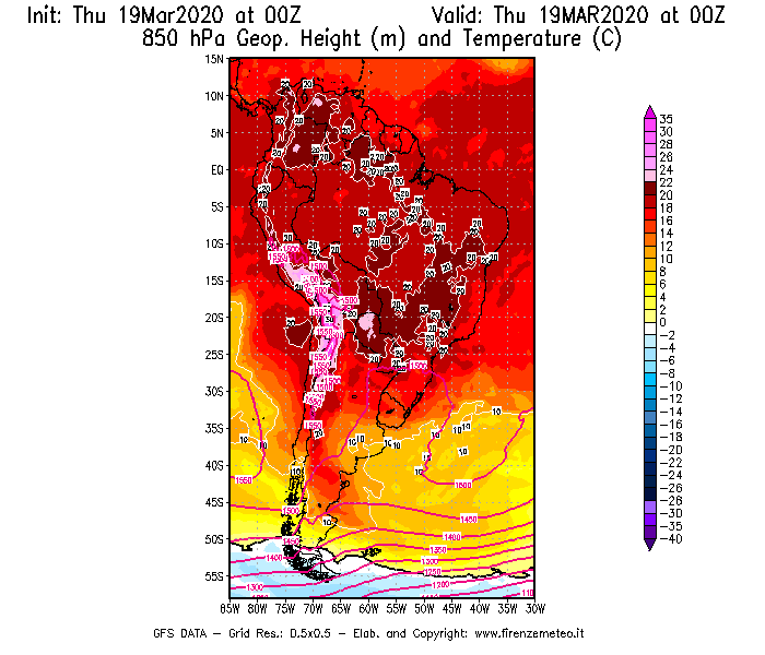 Mappa di analisi GFS - Geopotenziale [m] e Temperatura [°C] a 850 hPa in Sud-America
							del 19/03/2020 00 <!--googleoff: index-->UTC<!--googleon: index-->