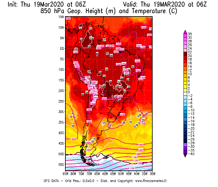 Mappa di analisi GFS - Geopotenziale [m] e Temperatura [°C] a 850 hPa in Sud-America
							del 19/03/2020 06 <!--googleoff: index-->UTC<!--googleon: index-->