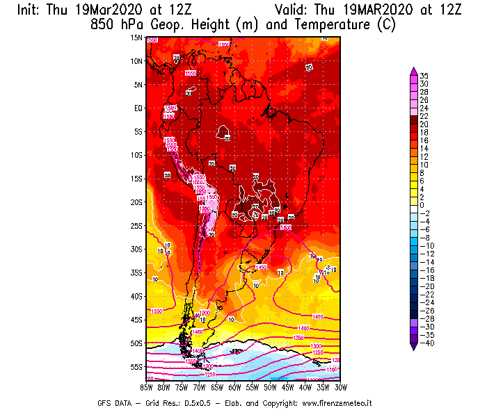 Mappa di analisi GFS - Geopotenziale [m] e Temperatura [°C] a 850 hPa in Sud-America
							del 19/03/2020 12 <!--googleoff: index-->UTC<!--googleon: index-->