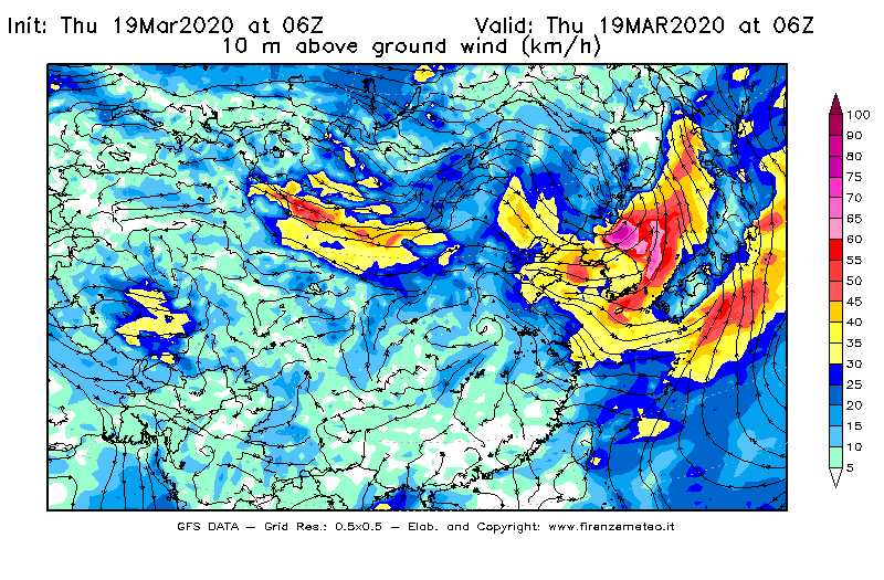 Mappa di analisi GFS - Velocità del vento a 10 metri dal suolo [km/h] in Asia Orientale
							del 19/03/2020 06 <!--googleoff: index-->UTC<!--googleon: index-->