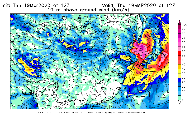 Mappa di analisi GFS - Velocità del vento a 10 metri dal suolo [km/h] in Asia Orientale
							del 19/03/2020 12 <!--googleoff: index-->UTC<!--googleon: index-->
