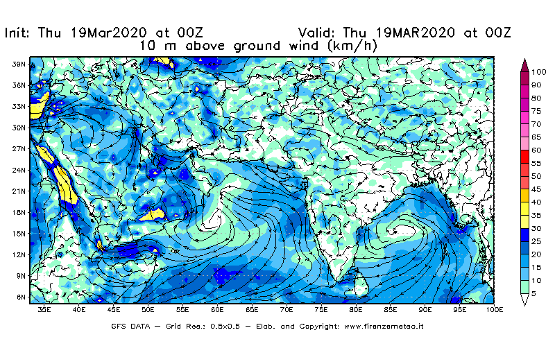 Mappa di analisi GFS - Velocità del vento a 10 metri dal suolo [km/h] in Asia Sud-Occidentale
							del 19/03/2020 00 <!--googleoff: index-->UTC<!--googleon: index-->