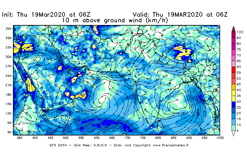 Mappa di analisi GFS - Velocità del vento a 10 metri dal suolo [km/h] in Asia Sud-Occidentale
							del 19/03/2020 06 <!--googleoff: index-->UTC<!--googleon: index-->