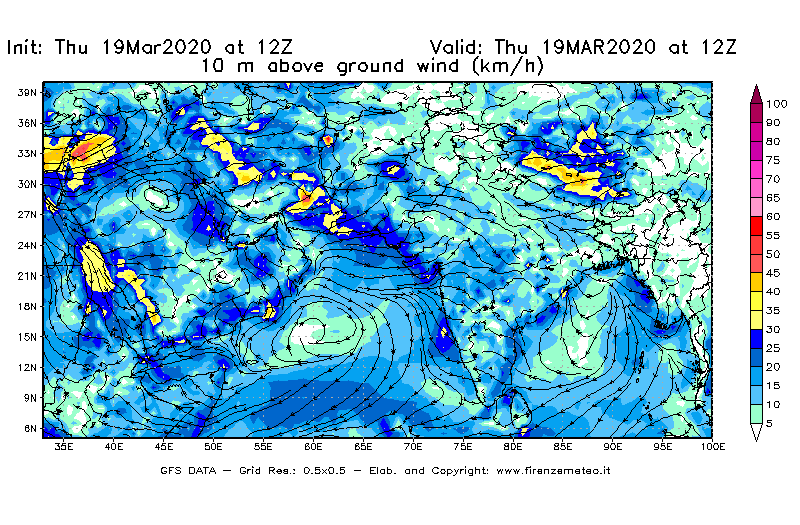 Mappa di analisi GFS - Velocità del vento a 10 metri dal suolo [km/h] in Asia Sud-Occidentale
							del 19/03/2020 12 <!--googleoff: index-->UTC<!--googleon: index-->