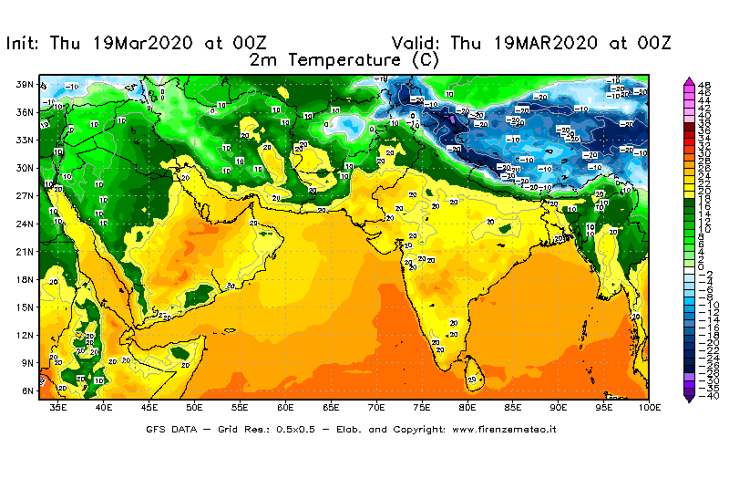Mappa di analisi GFS - Temperatura a 2 metri dal suolo [°C] in Asia Sud-Occidentale
							del 19/03/2020 00 <!--googleoff: index-->UTC<!--googleon: index-->