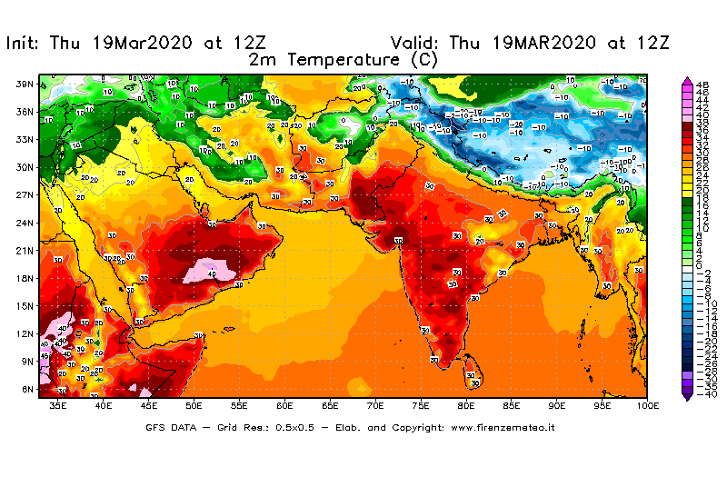 Mappa di analisi GFS - Temperatura a 2 metri dal suolo [°C] in Asia Sud-Occidentale
							del 19/03/2020 12 <!--googleoff: index-->UTC<!--googleon: index-->