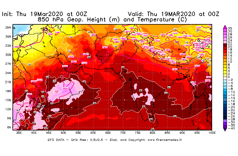 Mappa di analisi GFS - Geopotenziale [m] e Temperatura [°C] a 850 hPa in Asia Sud-Occidentale
							del 19/03/2020 00 <!--googleoff: index-->UTC<!--googleon: index-->