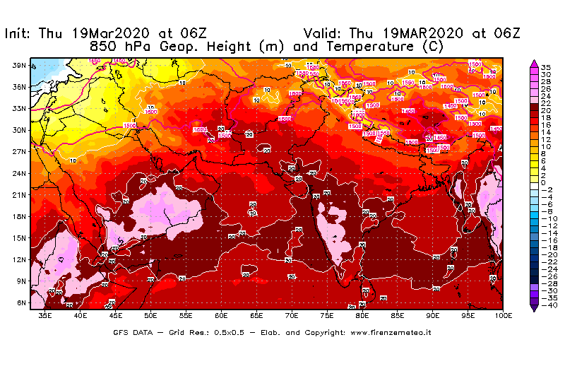 Mappa di analisi GFS - Geopotenziale [m] e Temperatura [°C] a 850 hPa in Asia Sud-Occidentale
							del 19/03/2020 06 <!--googleoff: index-->UTC<!--googleon: index-->