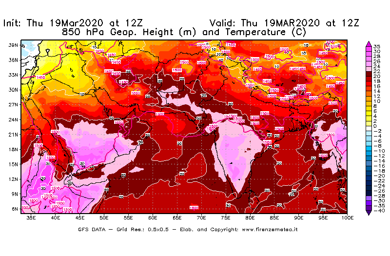 Mappa di analisi GFS - Geopotenziale [m] e Temperatura [°C] a 850 hPa in Asia Sud-Occidentale
							del 19/03/2020 12 <!--googleoff: index-->UTC<!--googleon: index-->