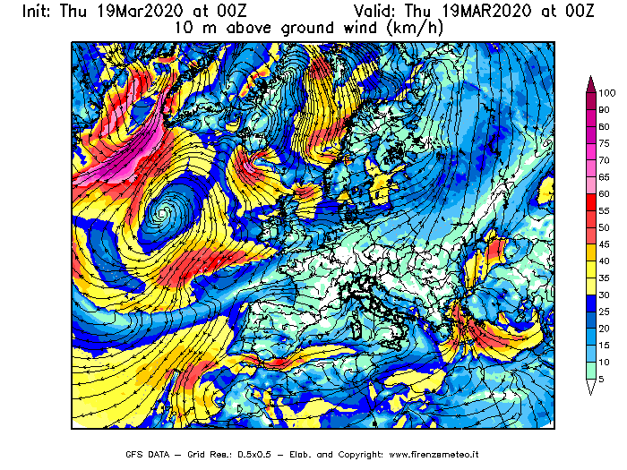 Mappa di analisi GFS - Velocità del vento a 10 metri dal suolo [km/h] in Europa
							del 19/03/2020 00 <!--googleoff: index-->UTC<!--googleon: index-->