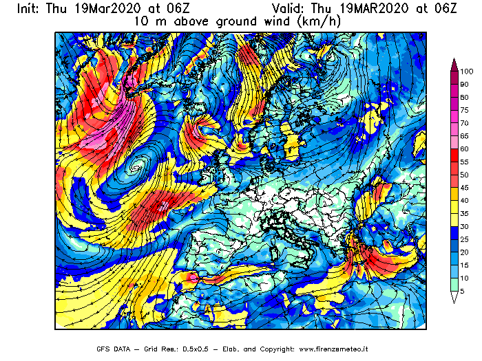 Mappa di analisi GFS - Velocità del vento a 10 metri dal suolo [km/h] in Europa
							del 19/03/2020 06 <!--googleoff: index-->UTC<!--googleon: index-->