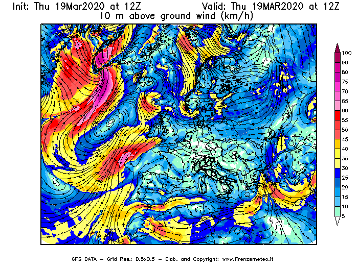 Mappa di analisi GFS - Velocità del vento a 10 metri dal suolo [km/h] in Europa
							del 19/03/2020 12 <!--googleoff: index-->UTC<!--googleon: index-->