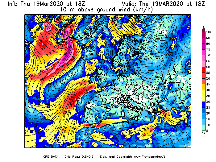 Mappa di analisi GFS - Velocità del vento a 10 metri dal suolo [km/h] in Europa
							del 19/03/2020 18 <!--googleoff: index-->UTC<!--googleon: index-->