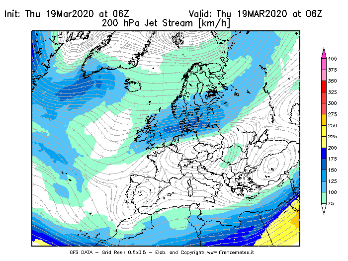 Mappa di analisi GFS - Jet Stream a 200 hPa in Europa
							del 19/03/2020 06 <!--googleoff: index-->UTC<!--googleon: index-->