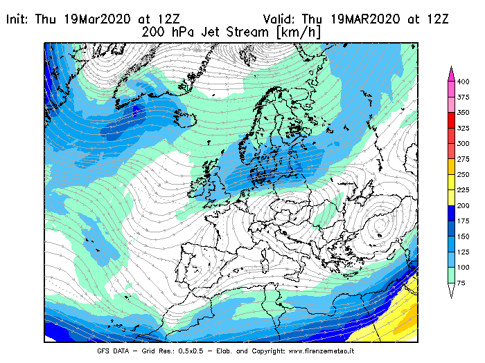 Mappa di analisi GFS - Jet Stream a 200 hPa in Europa
							del 19/03/2020 12 <!--googleoff: index-->UTC<!--googleon: index-->