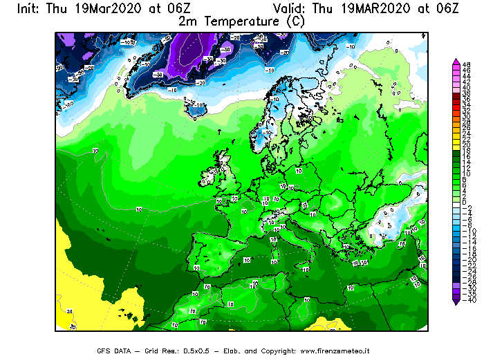 Mappa di analisi GFS - Temperatura a 2 metri dal suolo [°C] in Europa
							del 19/03/2020 06 <!--googleoff: index-->UTC<!--googleon: index-->
