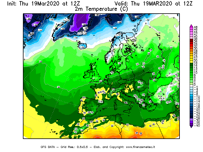 Mappa di analisi GFS - Temperatura a 2 metri dal suolo [°C] in Europa
							del 19/03/2020 12 <!--googleoff: index-->UTC<!--googleon: index-->
