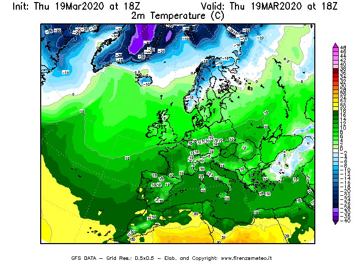 Mappa di analisi GFS - Temperatura a 2 metri dal suolo [°C] in Europa
							del 19/03/2020 18 <!--googleoff: index-->UTC<!--googleon: index-->