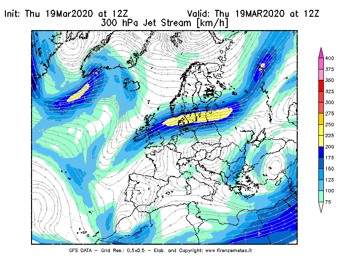 Mappa di analisi GFS - Jet Stream a 300 hPa in Europa
							del 19/03/2020 12 <!--googleoff: index-->UTC<!--googleon: index-->