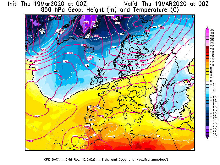 Mappa di analisi GFS - Geopotenziale [m] e Temperatura [°C] a 850 hPa in Europa
							del 19/03/2020 00 <!--googleoff: index-->UTC<!--googleon: index-->