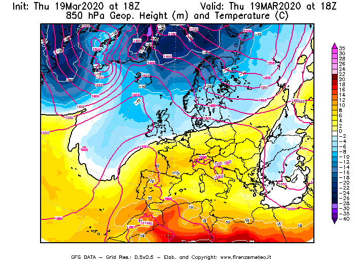 Mappa di analisi GFS - Geopotenziale [m] e Temperatura [°C] a 850 hPa in Europa
							del 19/03/2020 18 <!--googleoff: index-->UTC<!--googleon: index-->