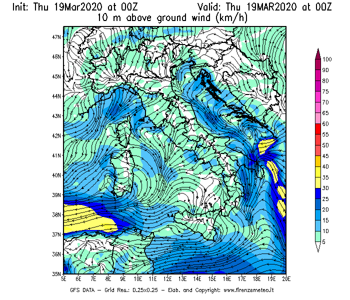 Mappa di analisi GFS - Velocità del vento a 10 metri dal suolo [km/h] in Italia
							del 19/03/2020 00 <!--googleoff: index-->UTC<!--googleon: index-->