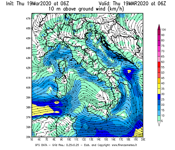 Mappa di analisi GFS - Velocità del vento a 10 metri dal suolo [km/h] in Italia
							del 19/03/2020 06 <!--googleoff: index-->UTC<!--googleon: index-->