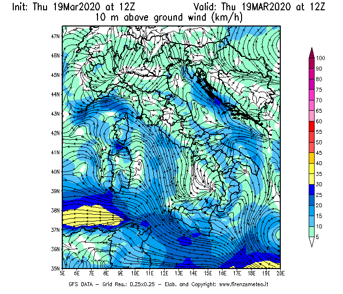 Mappa di analisi GFS - Velocità del vento a 10 metri dal suolo [km/h] in Italia
							del 19/03/2020 12 <!--googleoff: index-->UTC<!--googleon: index-->