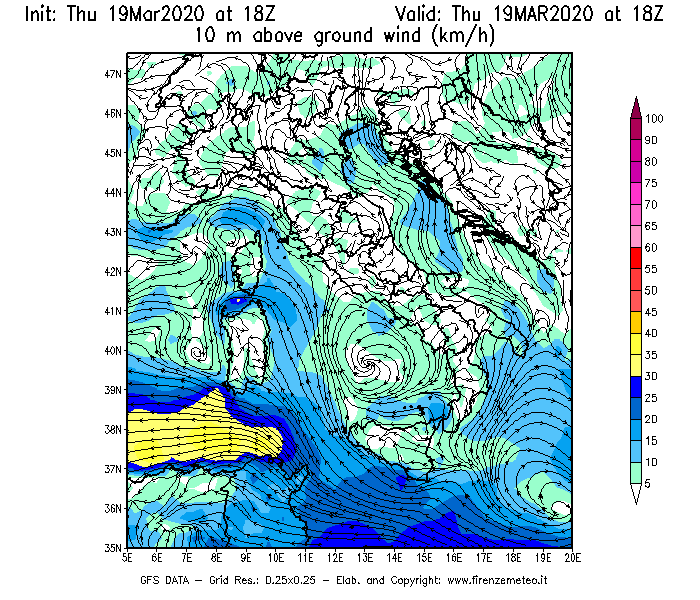 Mappa di analisi GFS - Velocità del vento a 10 metri dal suolo [km/h] in Italia
							del 19/03/2020 18 <!--googleoff: index-->UTC<!--googleon: index-->