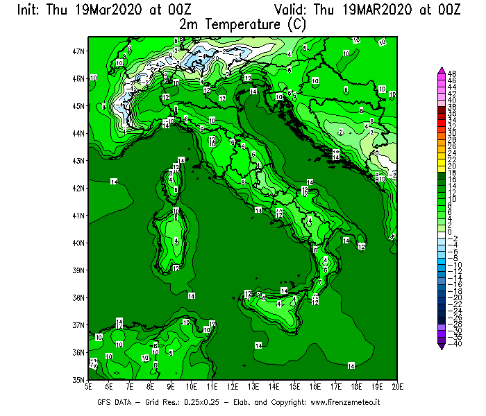 Mappa di analisi GFS - Temperatura a 2 metri dal suolo [°C] in Italia
							del 19/03/2020 00 <!--googleoff: index-->UTC<!--googleon: index-->