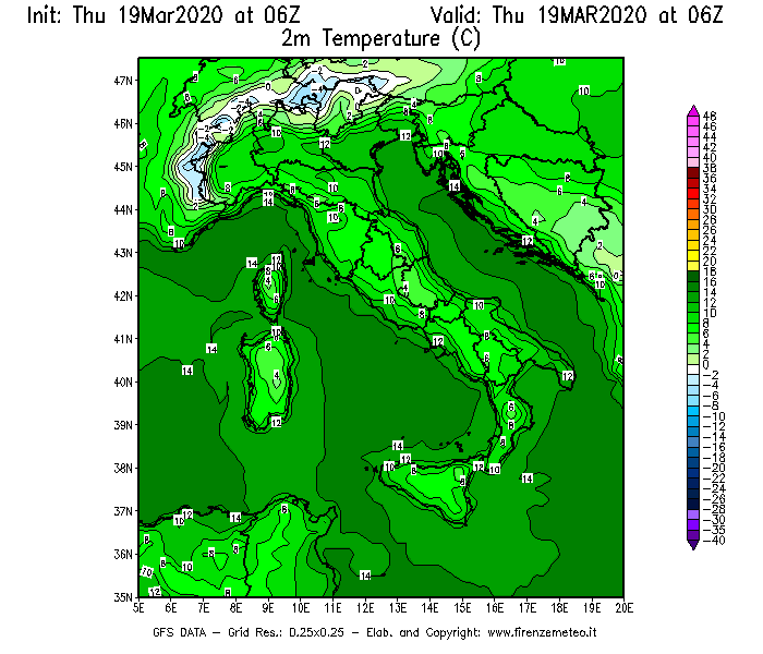 Mappa di analisi GFS - Temperatura a 2 metri dal suolo [°C] in Italia
							del 19/03/2020 06 <!--googleoff: index-->UTC<!--googleon: index-->
