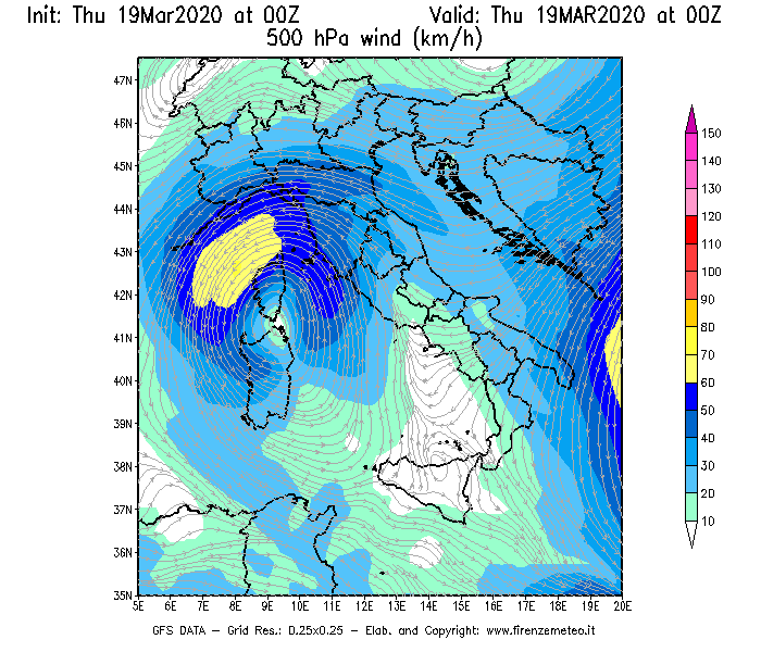 Mappa di analisi GFS - Velocità del vento a 500 hPa [km/h] in Italia
							del 19/03/2020 00 <!--googleoff: index-->UTC<!--googleon: index-->