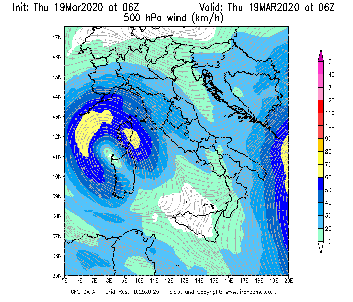 Mappa di analisi GFS - Velocità del vento a 500 hPa [km/h] in Italia
							del 19/03/2020 06 <!--googleoff: index-->UTC<!--googleon: index-->