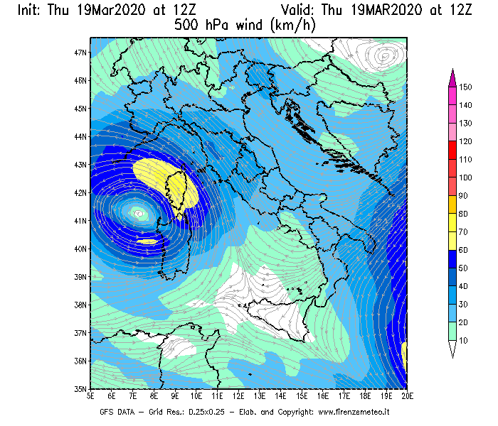 Mappa di analisi GFS - Velocità del vento a 500 hPa [km/h] in Italia
							del 19/03/2020 12 <!--googleoff: index-->UTC<!--googleon: index-->