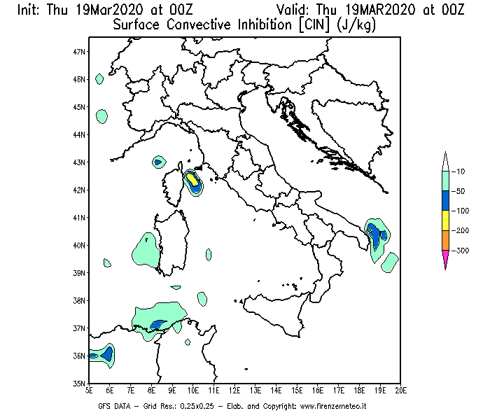 Mappa di analisi GFS - CIN [J/kg] in Italia
							del 19/03/2020 00 <!--googleoff: index-->UTC<!--googleon: index-->