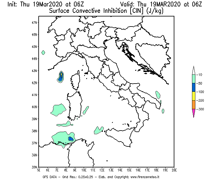 Mappa di analisi GFS - CIN [J/kg] in Italia
							del 19/03/2020 06 <!--googleoff: index-->UTC<!--googleon: index-->