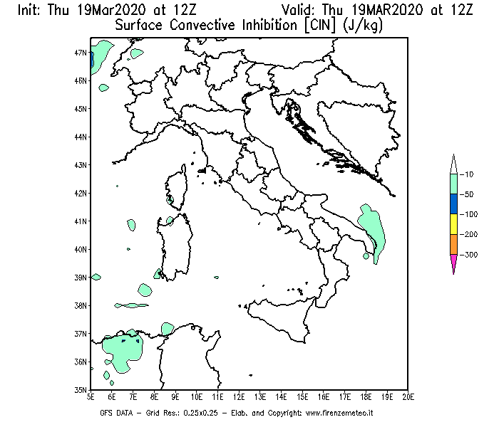 Mappa di analisi GFS - CIN [J/kg] in Italia
							del 19/03/2020 12 <!--googleoff: index-->UTC<!--googleon: index-->