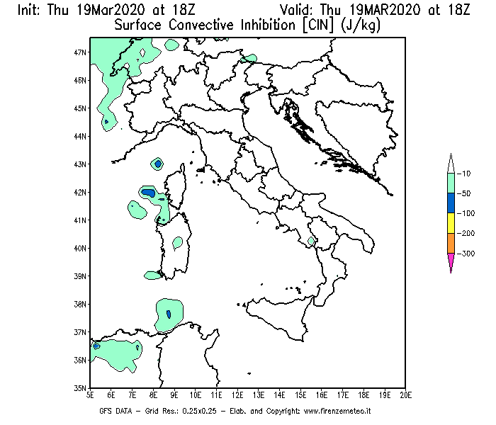 Mappa di analisi GFS - CIN [J/kg] in Italia
							del 19/03/2020 18 <!--googleoff: index-->UTC<!--googleon: index-->