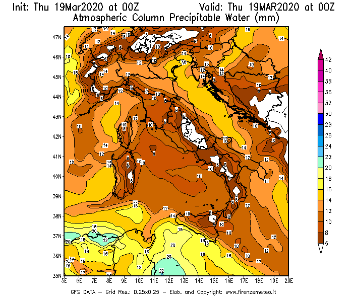 Mappa di analisi GFS - Precipitable Water [mm] in Italia
							del 19/03/2020 00 <!--googleoff: index-->UTC<!--googleon: index-->