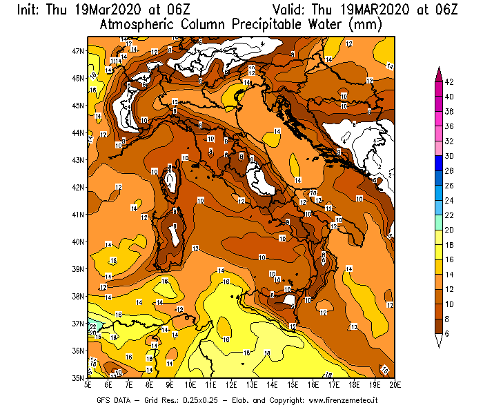 Mappa di analisi GFS - Precipitable Water [mm] in Italia
							del 19/03/2020 06 <!--googleoff: index-->UTC<!--googleon: index-->
