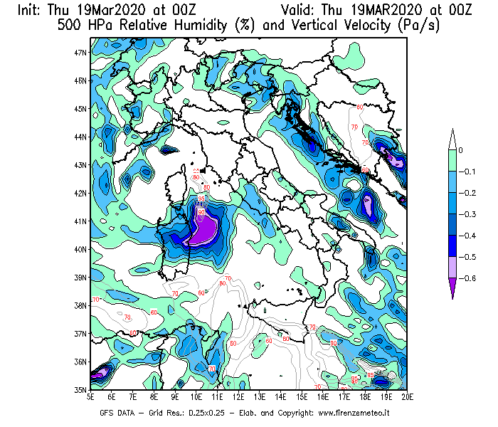 Mappa di analisi GFS - Umidità relativa [%] e Omega [Pa/s] a 500 hPa in Italia
							del 19/03/2020 00 <!--googleoff: index-->UTC<!--googleon: index-->