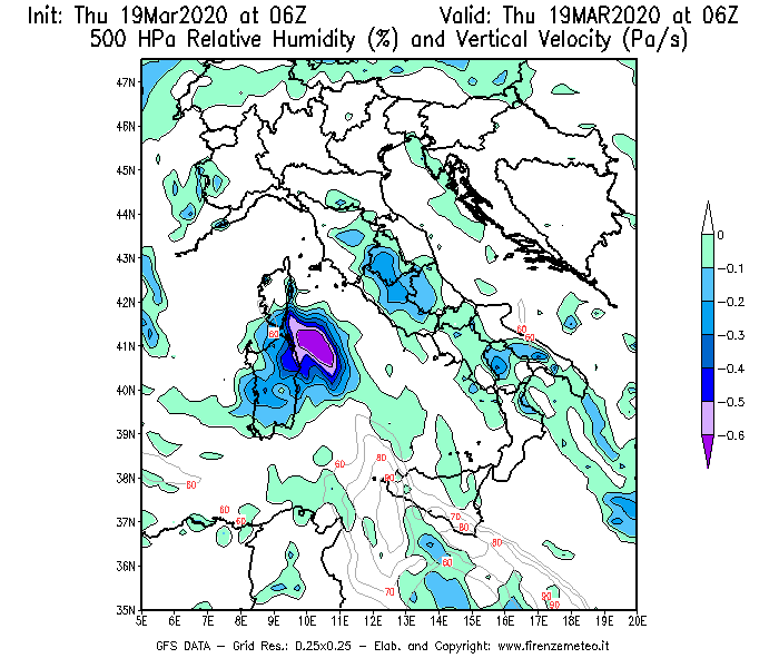 Mappa di analisi GFS - Umidità relativa [%] e Omega [Pa/s] a 500 hPa in Italia
							del 19/03/2020 06 <!--googleoff: index-->UTC<!--googleon: index-->