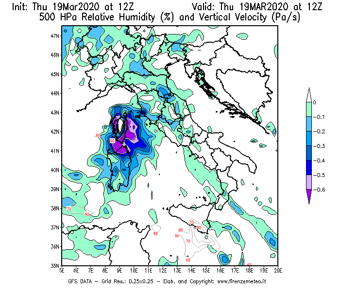 Mappa di analisi GFS - Umidità relativa [%] e Omega [Pa/s] a 500 hPa in Italia
							del 19/03/2020 12 <!--googleoff: index-->UTC<!--googleon: index-->